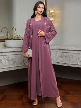 [Handmade Beaded Abaya Set] 3136 Handmade Beaded Abaya Set for Women - Lavender Long Tunic with Golden Accents, Includes Camisole and Outerwear, Perfect for Spring/Summer, Casual Elegant Wear, Elegant Attire | Beaded Embellishments | Nonstretch Fabric