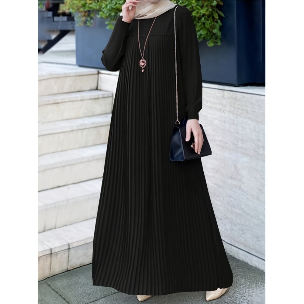 1pc Elegant holiday fashion versatile loose pleated rear zipper solid color suitable for daily wear comfortable casual loose comfortable Women's abaya dress.abayas for women muslim long sleeve dresses for women long frocks for women