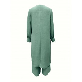 [Ramadan Top Set] Ramadan Solid Color Long Sleeve Top and Pants Set | Arabic Style, Polyester, with Faux Button Detail, for All Seasons, Women's