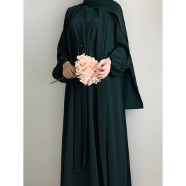 3pcs Traditional Middle Eastern Abaya Dress Set - Long Sleeve, Belted Waist, Solid Color, Non-Stretch Fabric, Spring/Summer/Fall Wear, Includes Cardigan, Dress, and Headscarf, Cultural Attire|Traditional Attire|Belted Waist Dress