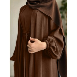 3pcs Traditional Middle Eastern Abaya Dress Set - Long Sleeve, Belted Waist, Solid Color, Non-Stretch Fabric, Spring/Summer/Fall Wear, Includes Cardigan, Dress, and Headscarf, Cultural Attire|Traditional Attire|Belted Waist Dress