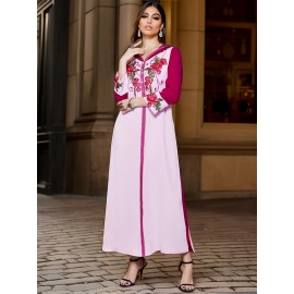 Women'S Elegant Long Sleeve Maxi Dress with Rhinestone Embellishments, Solid Color Polyester 100%, All-Season Woven Fabric, Regular Sleeve, No Belt - Pink & Magenta Floral Pattern