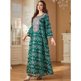 Elegant Floral Sequin Embroidered Long Sleeve Dress - Traditional Middle Eastern Style, Polyester Lined, All-Season Wear