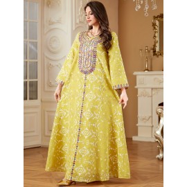 Elegant Floral Sequin Embroidered Long Sleeve Dress - Traditional Middle Eastern Style, Polyester Lined, All-Season Wear