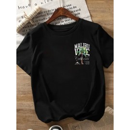 MALIBU VIBE Women's Casual Short Sleeve T-Shirt - Tropical Palm Tree & California Graphic Print, Black with White Lettering, Round Neck, Comfort Fit, Machine Washable, All-Season Wear, Relaxed Fit Top | Classic Round Neck | Durable Print Shirt