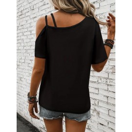 Women's Sexy Off-Shoulder Graphic Print T-Shirt - Black Rose & Butterfly Design, Thin Strap Short Sleeve Summer Top, Machine Washable Casual Chic Blouse for Women, Nontransparent Fabric