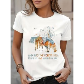[Nature Print Women's T-Shirt] Nature-Inspired Geometric Print Women's Casual Short Sleeve T-Shirt | Breathable Semi-Sheer Fabric, Forest Scene with Trees, Birds & Compass Design, Machine Washable, Regular Fit for Outdoor Camping & Casual Attire