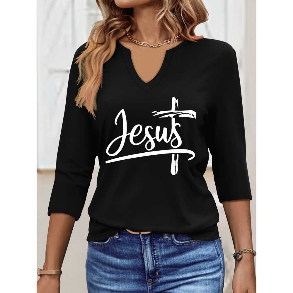 [Jesus Print Casual Top] Comfortable Polyester Women's Casual V-Neck 3/4 Sleeve Top with 