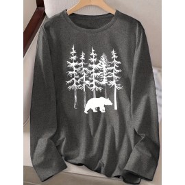 Women's Casual Long Sleeve Crew Neck T-Shirt - Forest Graphic Print with Pine Trees & Bear Silhouette, Medium Stretch Machine-Washable Top for Spring/Fall, Regular Fit Nature-Inspired Casual Attire, Allseason Apparel, Mediumelastic Fabric