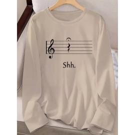 Women's Black Music Note Graphic Print Long Sleeve T-Shirt - Soft Stretch Polyester Crew Neck Casual Top with 