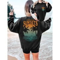 [Palm Tree Print Sweatshirt] Crew Neck Palm Tree Print Sweatshirt - Casual Fall & Spring Women's Clothing