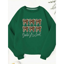 Women's Dental Assistant Graphic Print Crew Neck Sweatshirt - Teeth Leopard Pattern Casual Pullover, Relaxed Fit Fall & Spring Top, Machine Washable, Dental Assistant Gifts, No Stretch Fabric