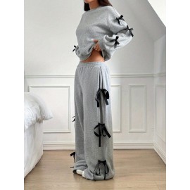 Solid Color Women's Casual Loose Bow Decoration Long Sleeve Top and Pants Two-Piece Set
