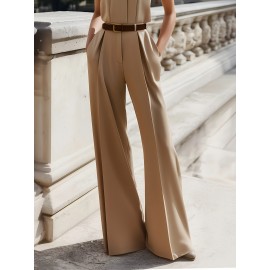 Elegant High Neck Sleeveless Waistcoat & Wide-Leg Pants Set - Chic Spring/Summer Outfit, Solid Color, Regular Fit, Perfect for Casual Or Formal Occasions, Casual Chic Outfit | High Neck Waistcoat | Belted Waistcoat, Ladies Pant Sets