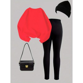 2pcs Set Women'S Casual New York Monogram Print Long Sleeve Knitted Polyester Spandex Crew Neck Sweatshirt & Sweatpants Set, Comfortable Stretch Fabric, 250g/m² 230g/m², for Fall, Winter, Outdoor Use