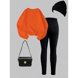 2pcs Set Women'S Casual New York Monogram Print Long Sleeve Knitted Polyester Spandex Crew Neck Sweatshirt & Sweatpants Set, Comfortable Stretch Fabric, 250g/m² 230g/m², for Fall, Winter, Outdoor Use