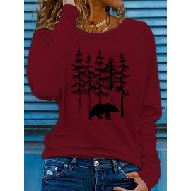 Women's Casual Long Sleeve Crew Neck T-Shirt - Forest Graphic Print with Pine Trees & Bear Silhouette, Medium Stretch Machine-Washable Top for Spring/Fall, Regular Fit Nature-Inspired Casual Attire, Allseason Apparel, Mediumelastic Fabric