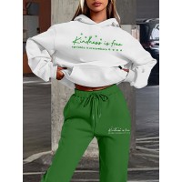 Women's Fashion Casual Letter Print Set - Premium Autumn/Winter Trendy Youthful Fleece Hoodie and Jogger Pants Two-Piece Outfit, Versatile Hooded Suit for Women, Ideal Gift Choice